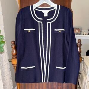 Misook Women's Contrast Trim Button-Front Cardigan Sweater Medium navy white
